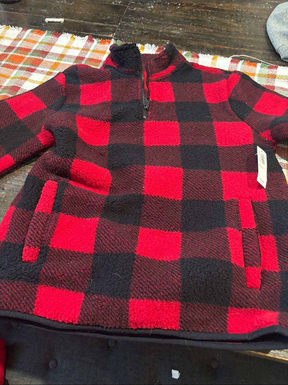 Kids Red and Black Buffalo Plaid Sherpa Quarter-Zip Sweater